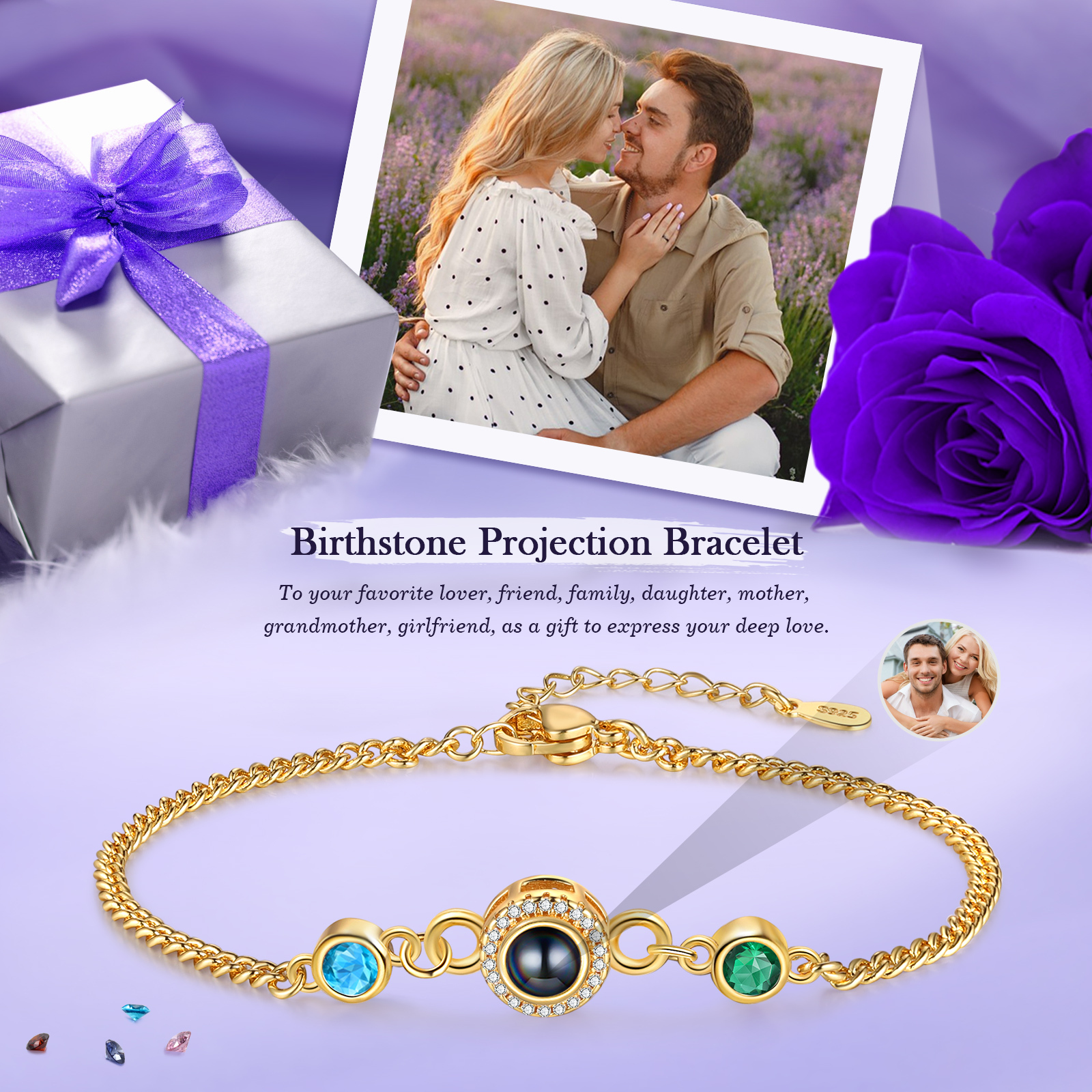 Personalised Projection Bracelet with Photo and 2 Birthstones  Adjustable in Silver Rose Gold or Gold Thoughtful Gift for Her