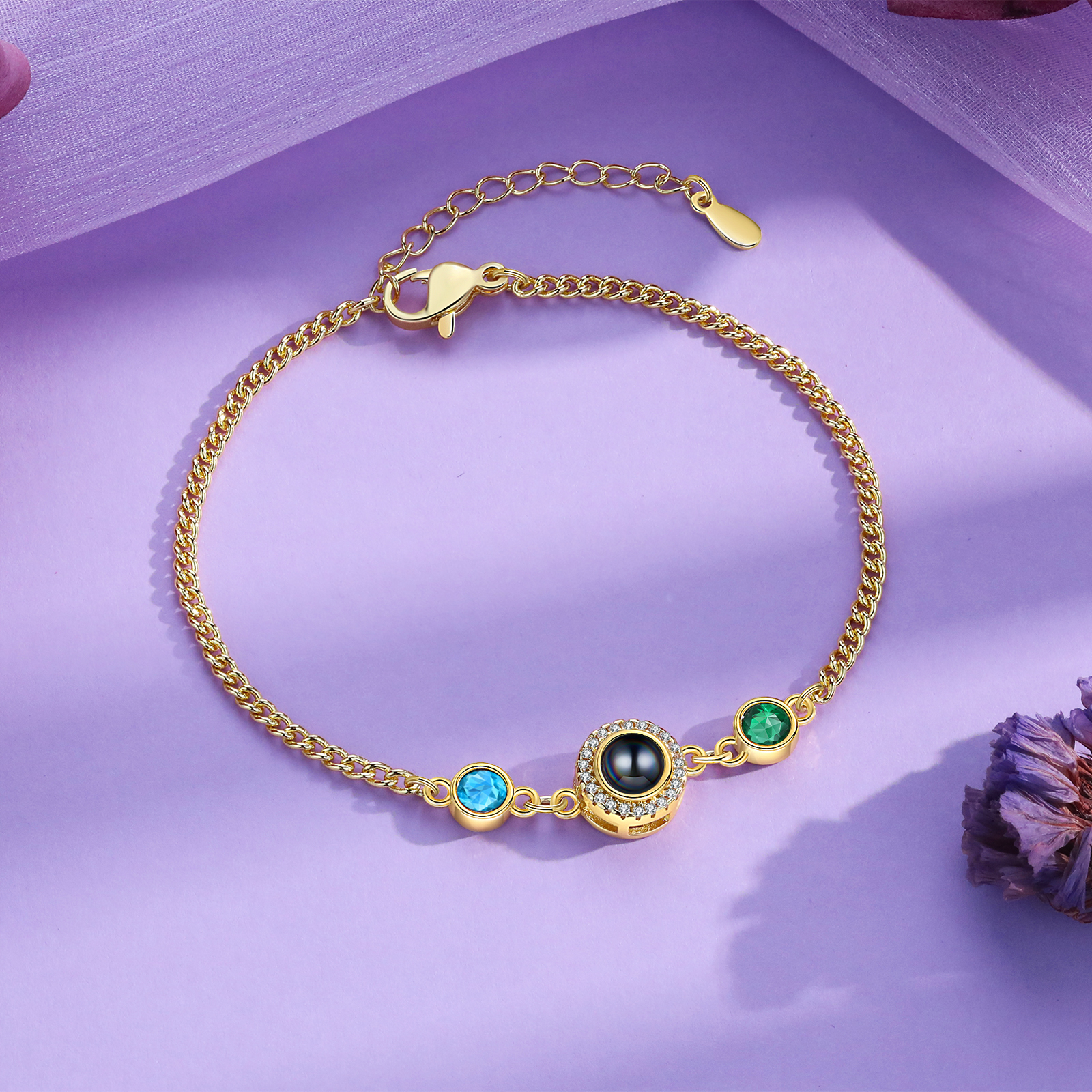 Personalised Projection Bracelet with Photo and 2 Birthstones  Adjustable in Silver Rose Gold or Gold Thoughtful Gift for Her