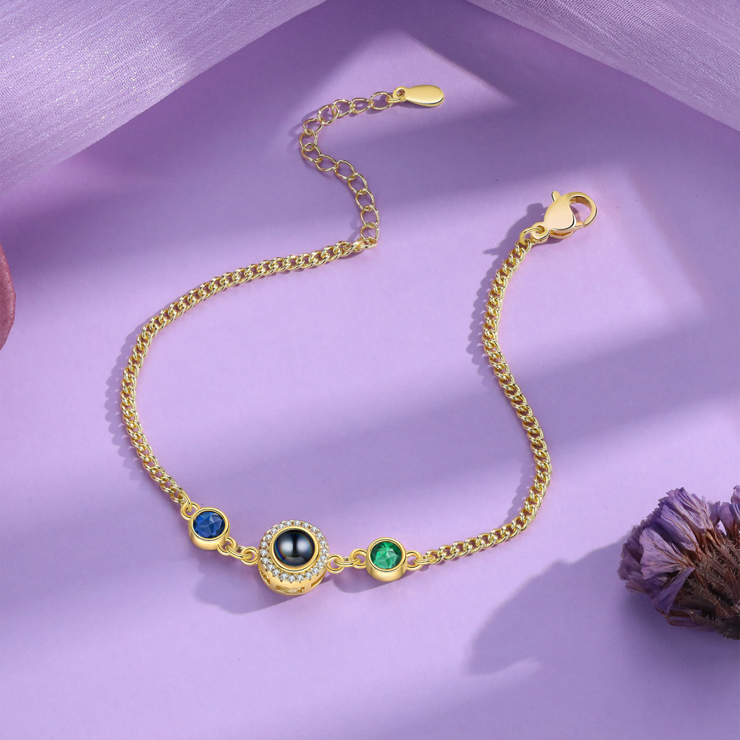 Personalised Projection Bracelet with Photo and 2 Birthstones  Adjustable in Silver Rose Gold or Gold Thoughtful Gift for Her