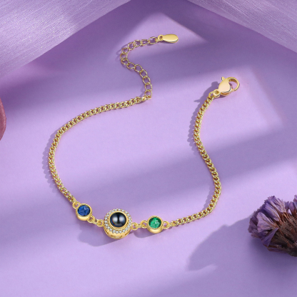 Personalised Projection Bracelet with Photo and 2 Birthstones  Adjustable in Silver Rose Gold or Gold Thoughtful Gift for Her