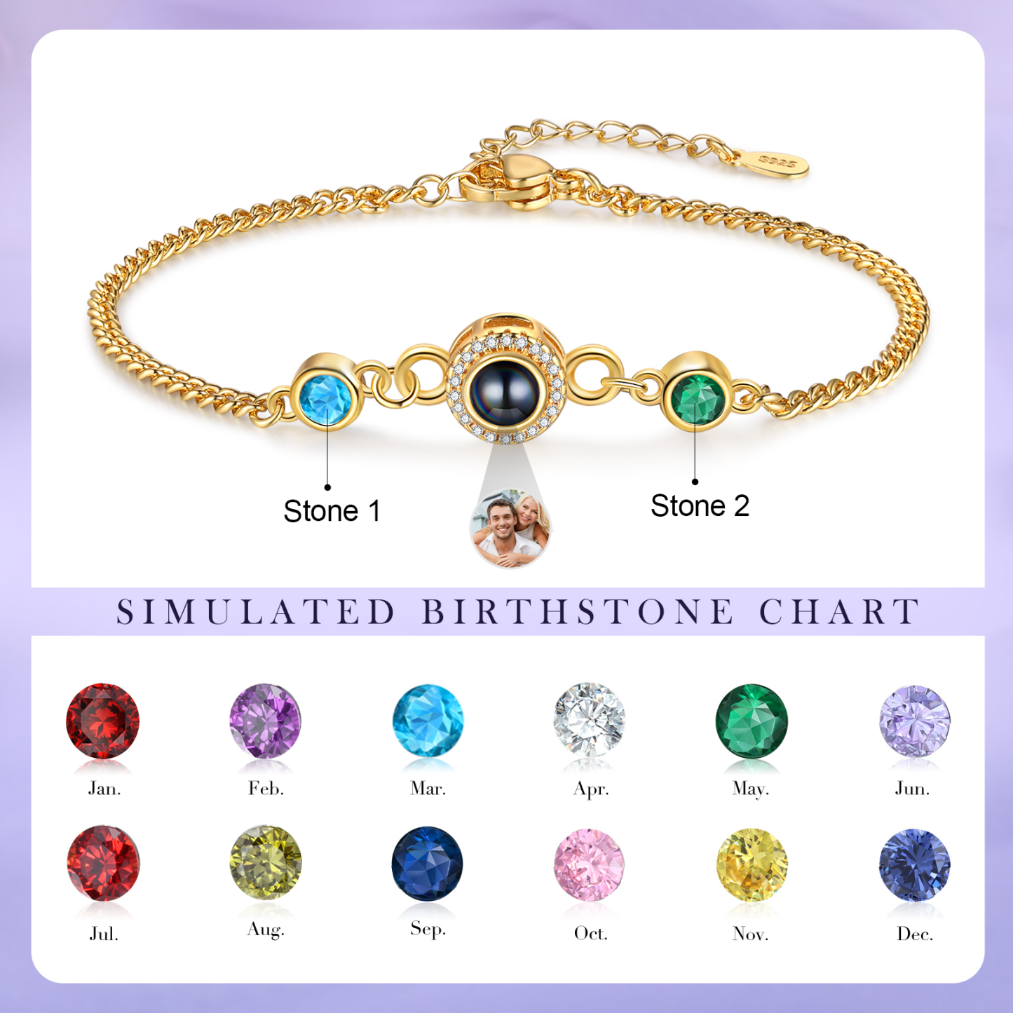 Personalised Projection Bracelet with Photo and 2 Birthstones  Adjustable in Silver Rose Gold or Gold Thoughtful Gift for Her