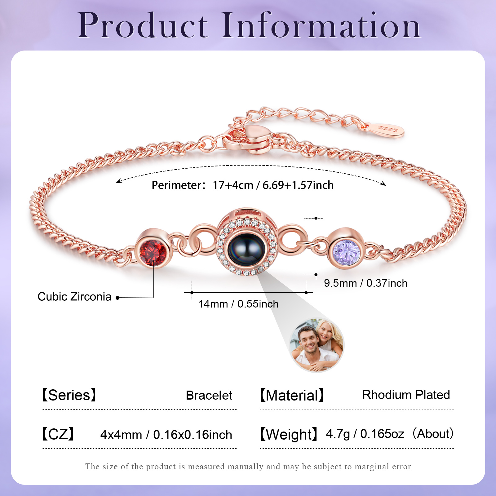 Personalised Projection Bracelet with Photo and 2 Birthstones  Adjustable in Silver Rose Gold or Gold Thoughtful Gift for Her