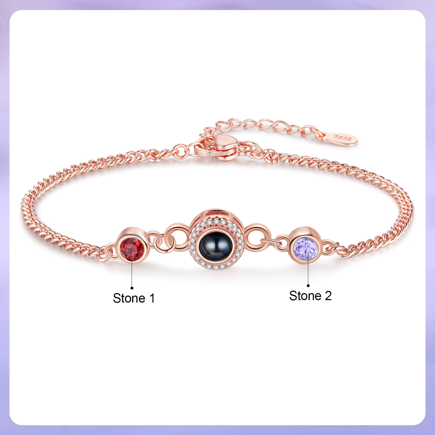 Personalised Projection Bracelet with Photo and 2 Birthstones  Adjustable in Silver Rose Gold or Gold Thoughtful Gift for Her