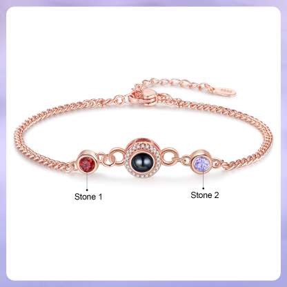 Personalised Projection Bracelet with Photo and 2 Birthstones  Adjustable in Silver Rose Gold or Gold Thoughtful Gift for Her