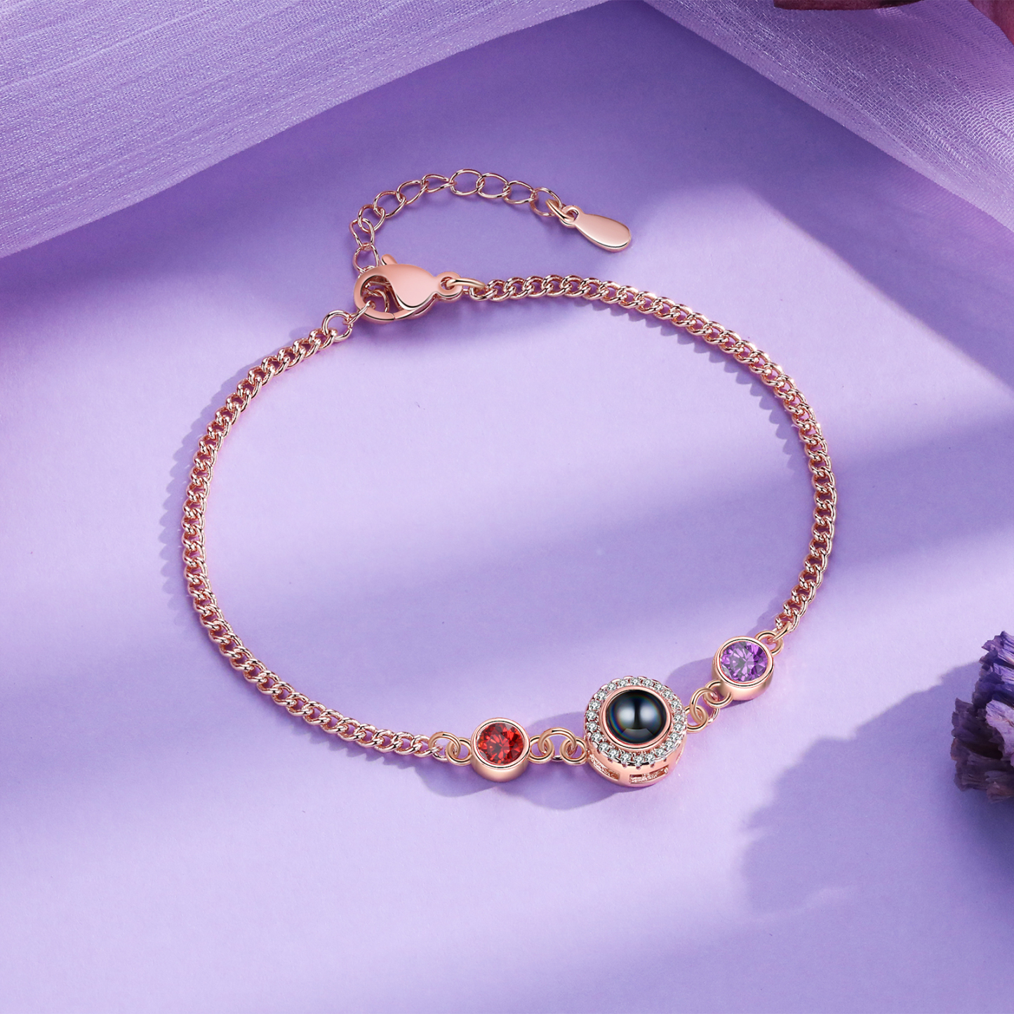 Personalised Projection Bracelet with Photo and 2 Birthstones  Adjustable in Silver Rose Gold or Gold Thoughtful Gift for Her