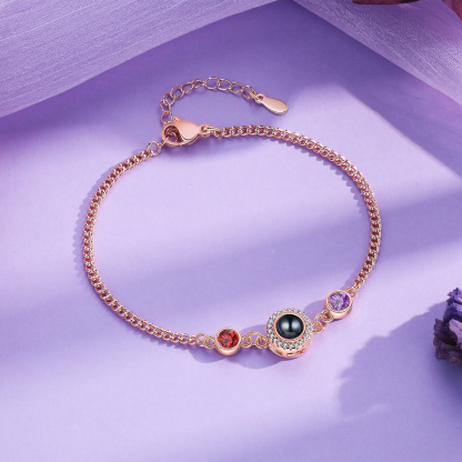 Personalised Projection Bracelet with Photo and 2 Birthstones  Adjustable in Silver Rose Gold or Gold Thoughtful Gift for Her