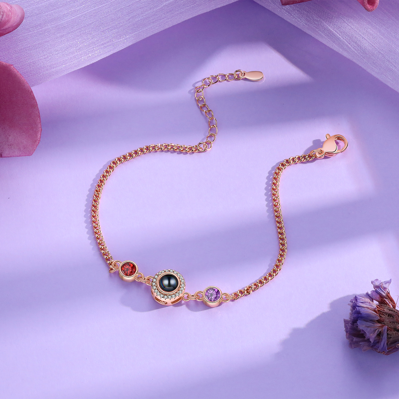 Personalised Projection Bracelet with Photo and 2 Birthstones  Adjustable in Silver Rose Gold or Gold Thoughtful Gift for Her