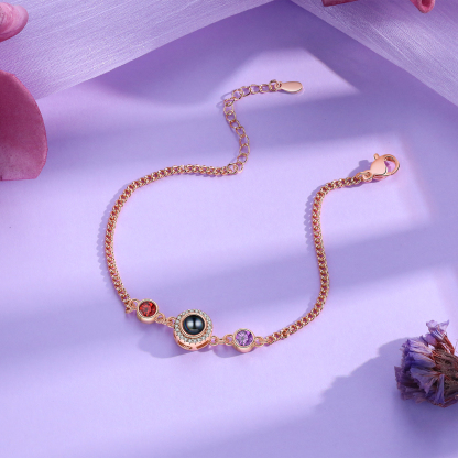 Personalised Projection Bracelet with Photo and 2 Birthstones  Adjustable in Silver Rose Gold or Gold Thoughtful Gift for Her