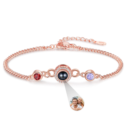 Personalised Projection Bracelet with Photo and 2 Birthstones  Adjustable in Silver Rose Gold or Gold Thoughtful Gift for Her