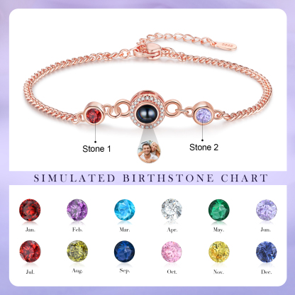 Personalised Projection Bracelet with Photo and 2 Birthstones  Adjustable in Silver Rose Gold or Gold Thoughtful Gift for Her