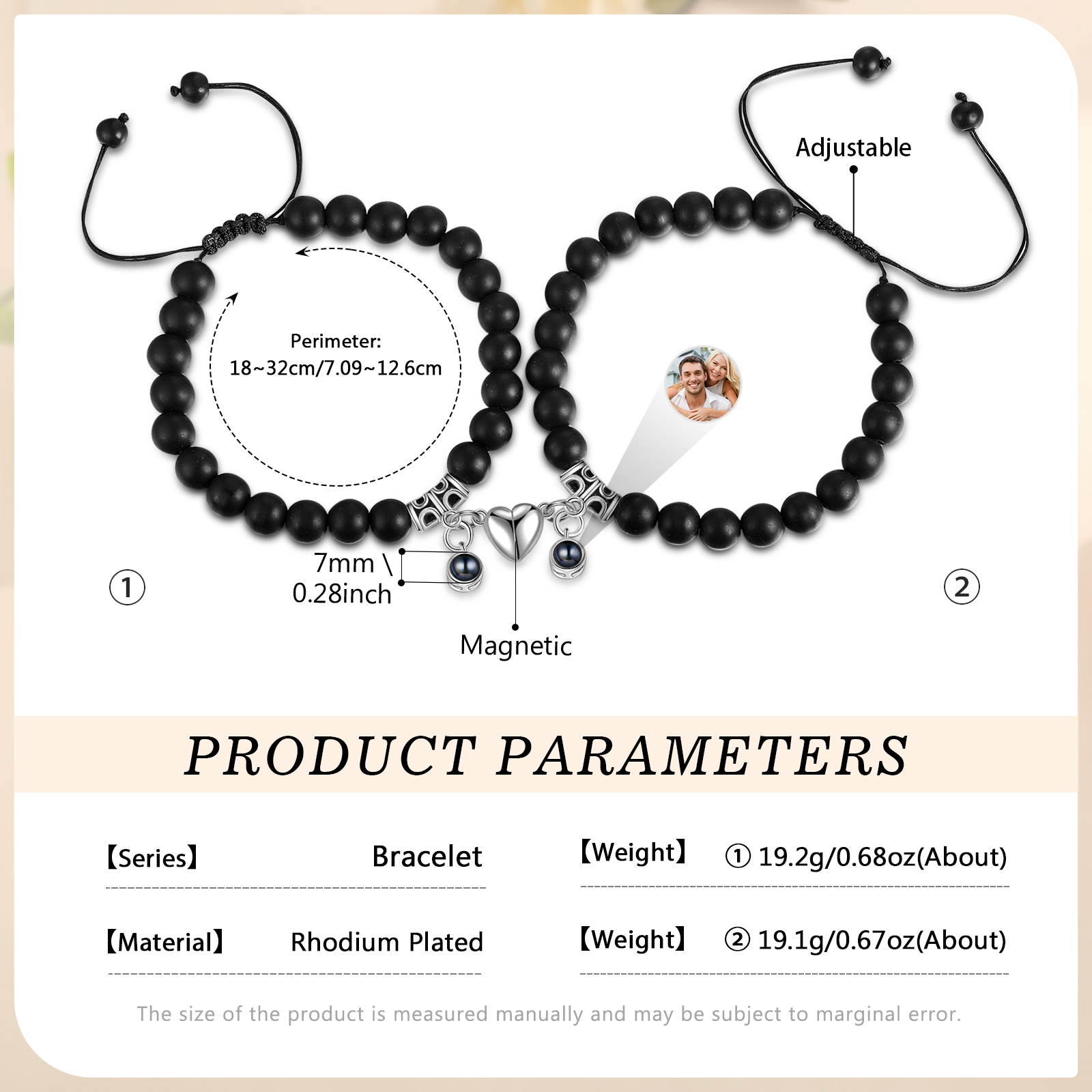 Personalised Projection Bead Bracelet with 1 Photo Adjustable Available in Black Brown or White Gift for Couple