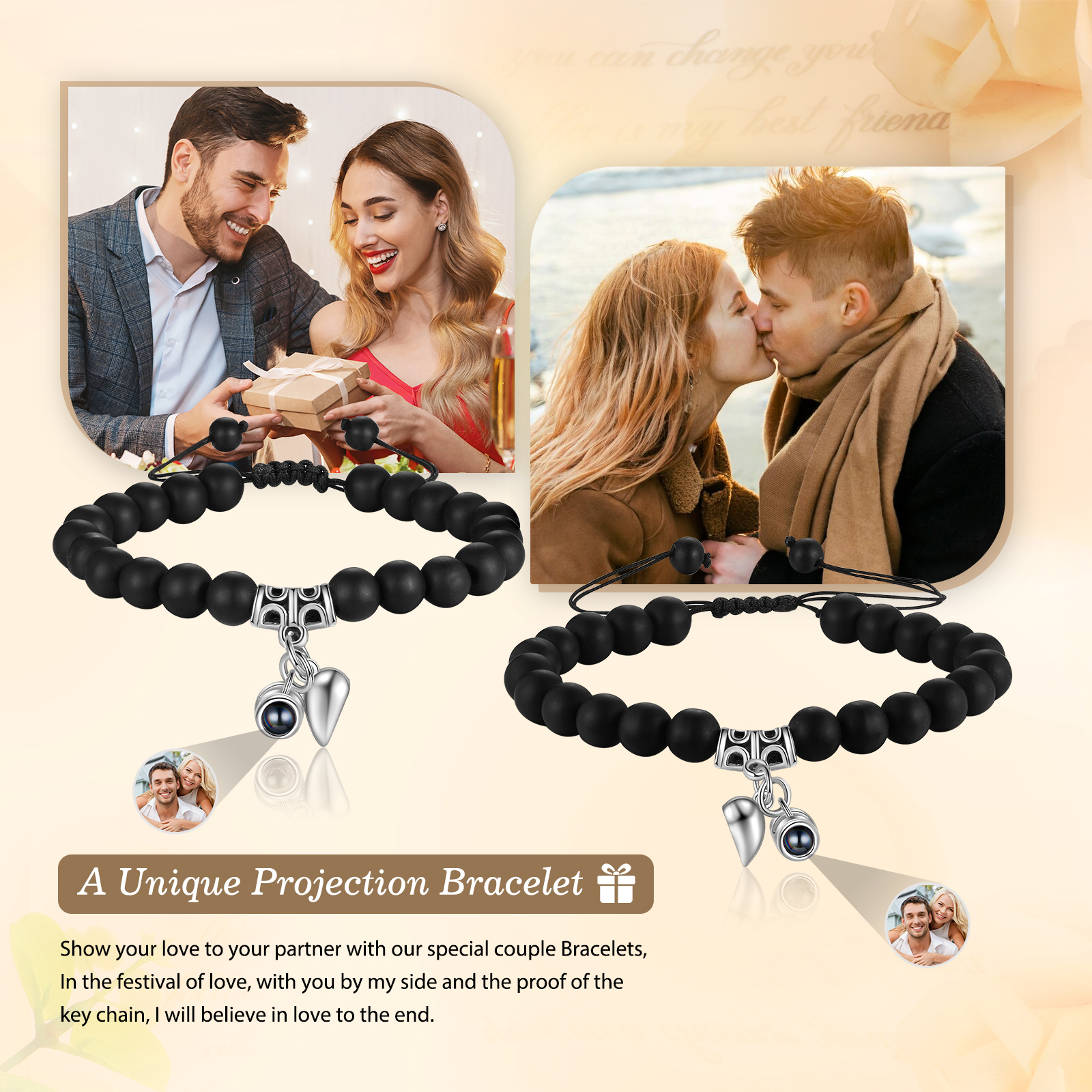 Personalised Projection Bead Bracelet with 1 Photo Adjustable Available in Black Brown or White Gift for Couple
