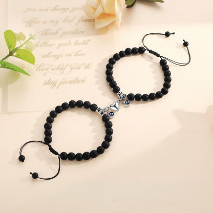 Personalised Projection Bead Bracelet with 1 Photo Adjustable Available in Black Brown or White Gift for Couple