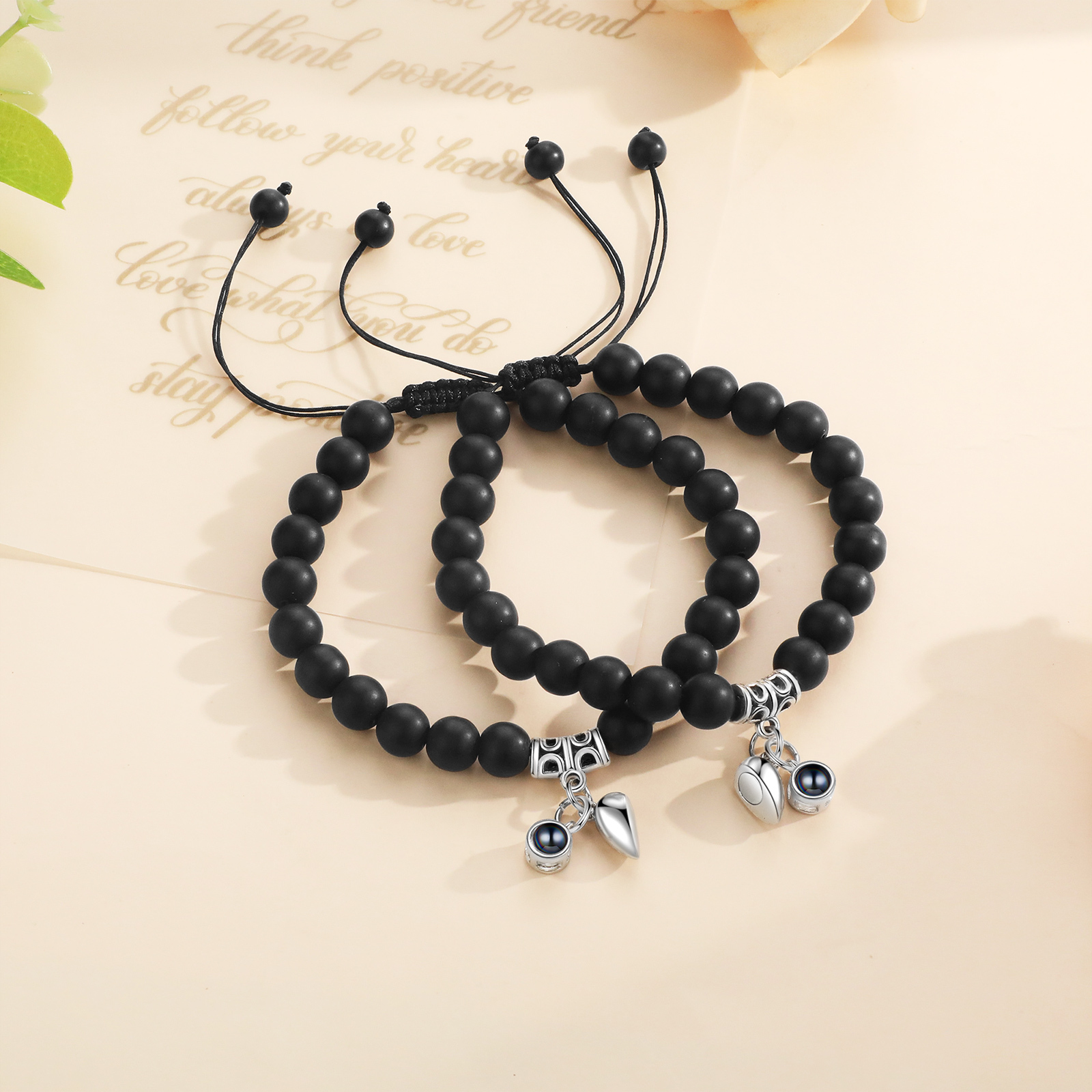 Personalised Projection Bead Bracelet with 1 Photo Adjustable Available in Black Brown or White Gift for Couple