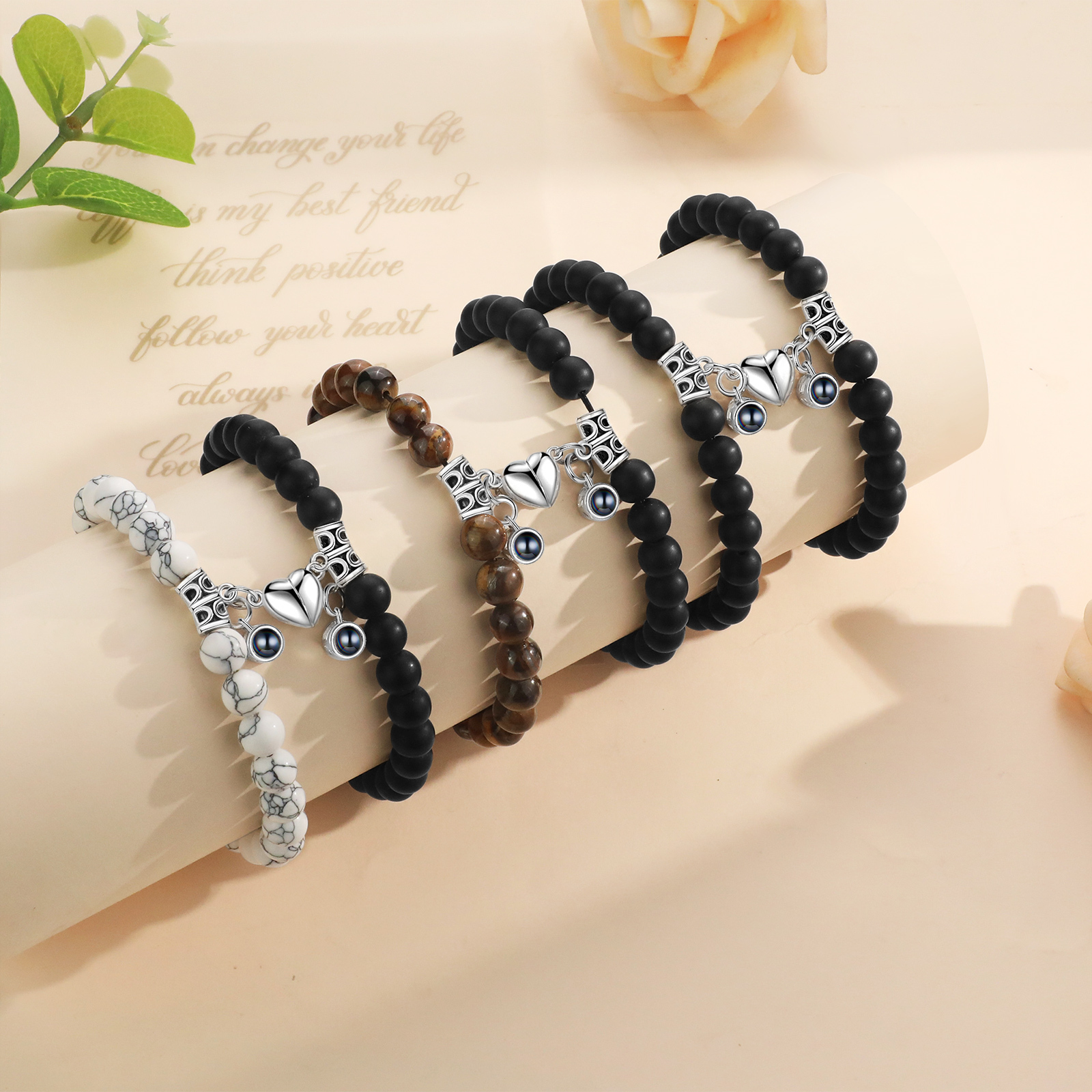 Personalised Projection Bead Bracelet with 1 Photo Adjustable Available in Black Brown or White Gift for Couple