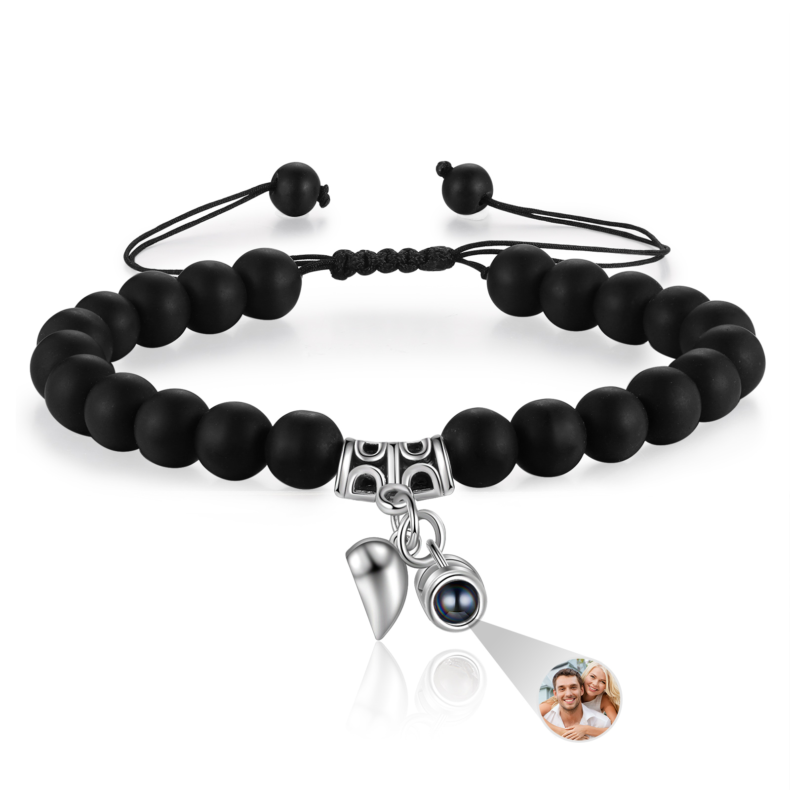 Personalised Projection Bead Bracelet with 1 Photo Adjustable Available in Black Brown or White Gift for Couple