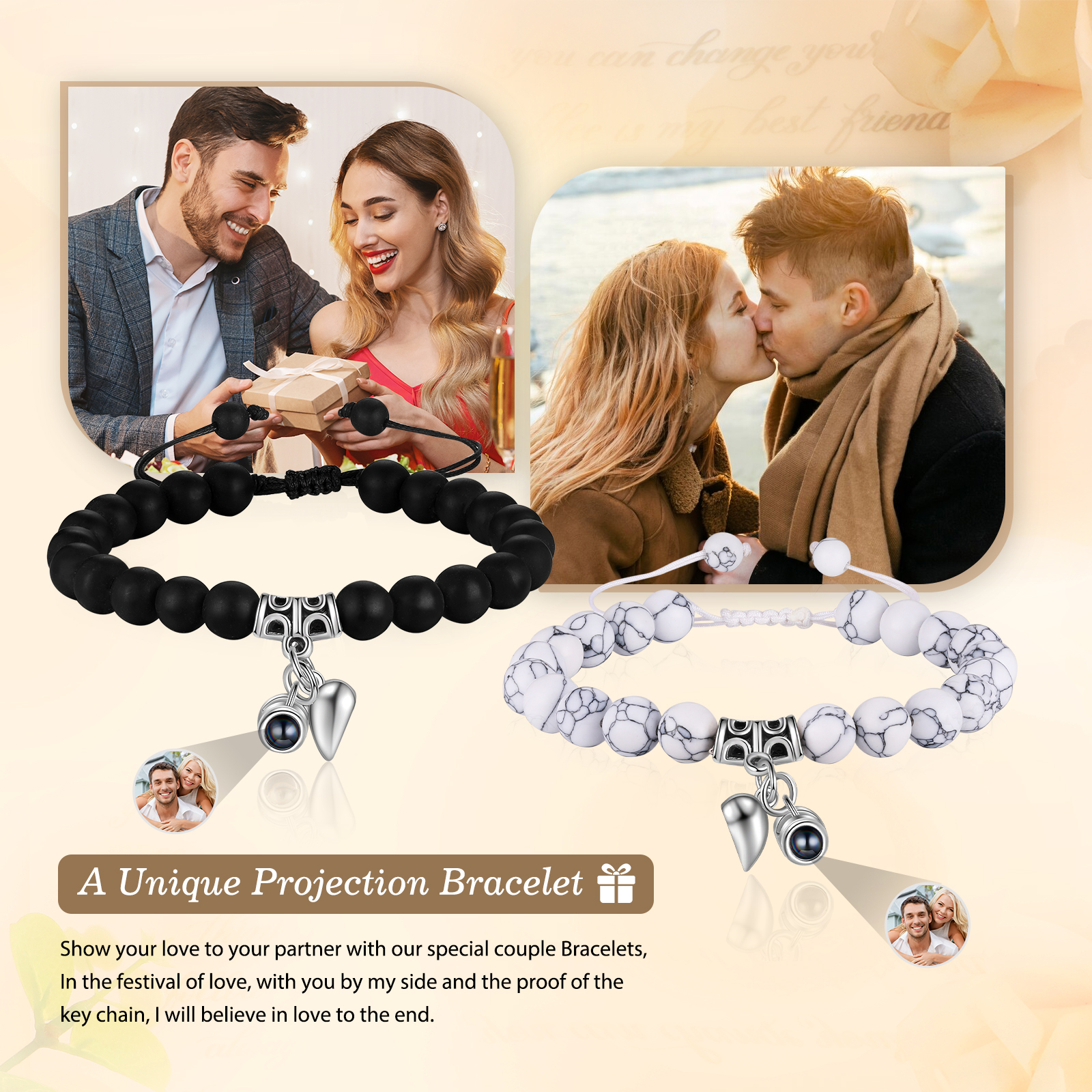 Personalised Projection Bead Bracelet with 1 Photo Adjustable Available in Black Brown or White Gift for Couple