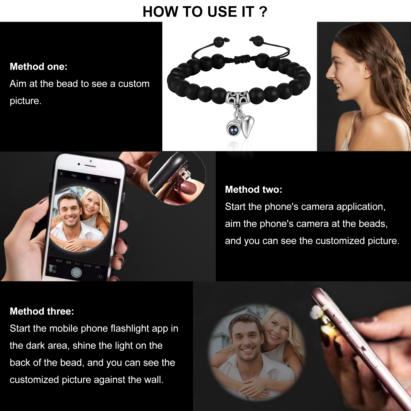 Personalised Projection Bead Bracelet with 1 Photo Adjustable Available in Black Brown or White Gift for Couple