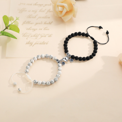Personalised Projection Bead Bracelet with 1 Photo Adjustable Available in Black Brown or White Gift for Couple