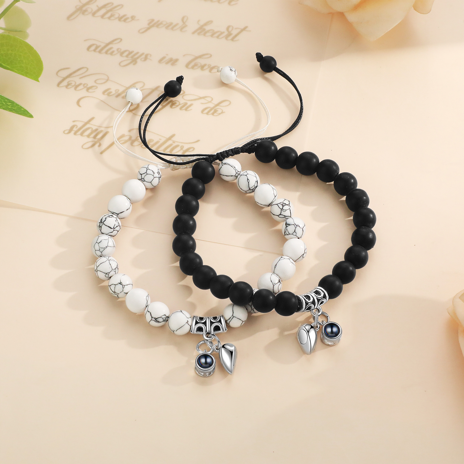 Personalised Projection Bead Bracelet with 1 Photo Adjustable Available in Black Brown or White Gift for Couple