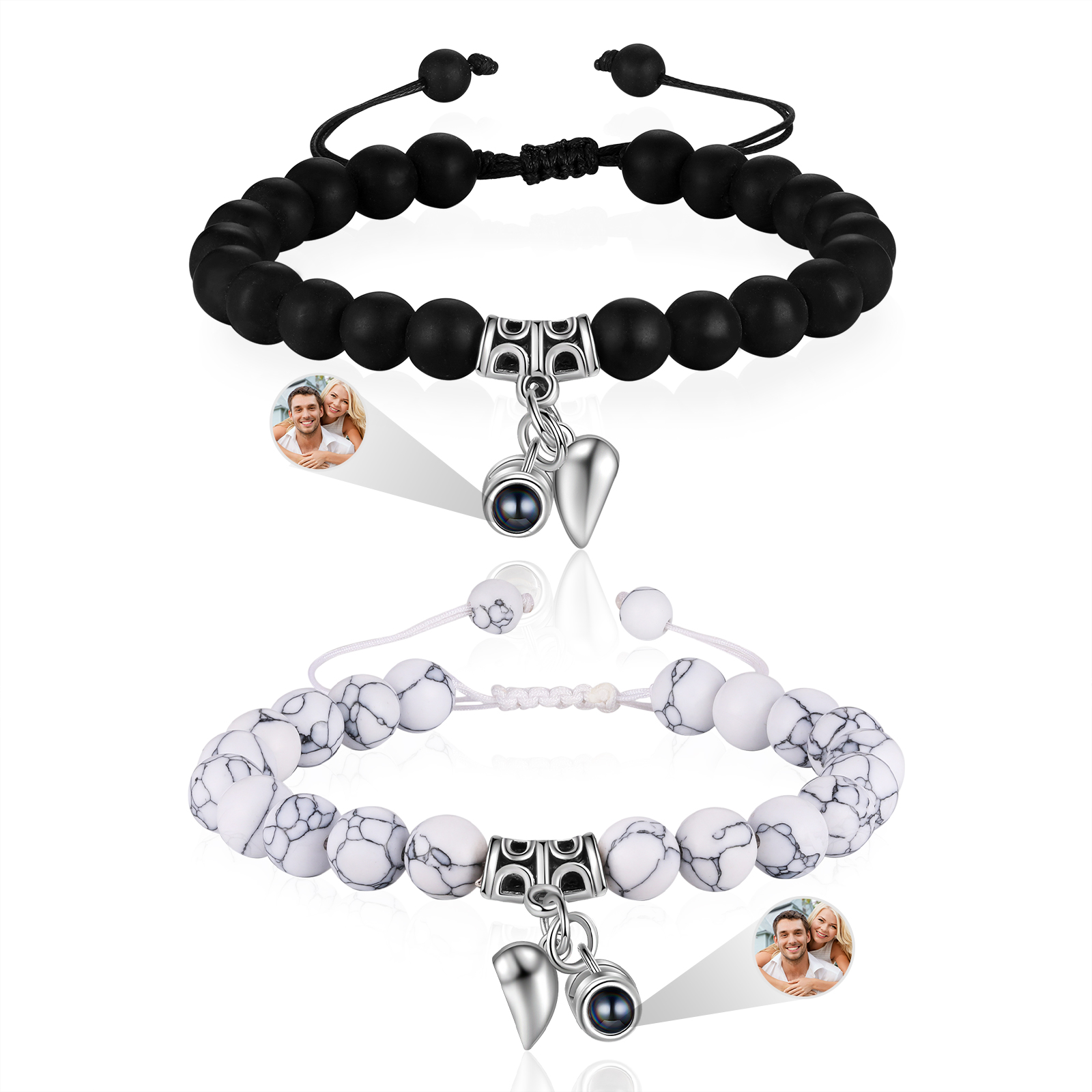 Personalised Projection Bead Bracelet with 1 Photo Adjustable Available in Black Brown or White Gift for Couple