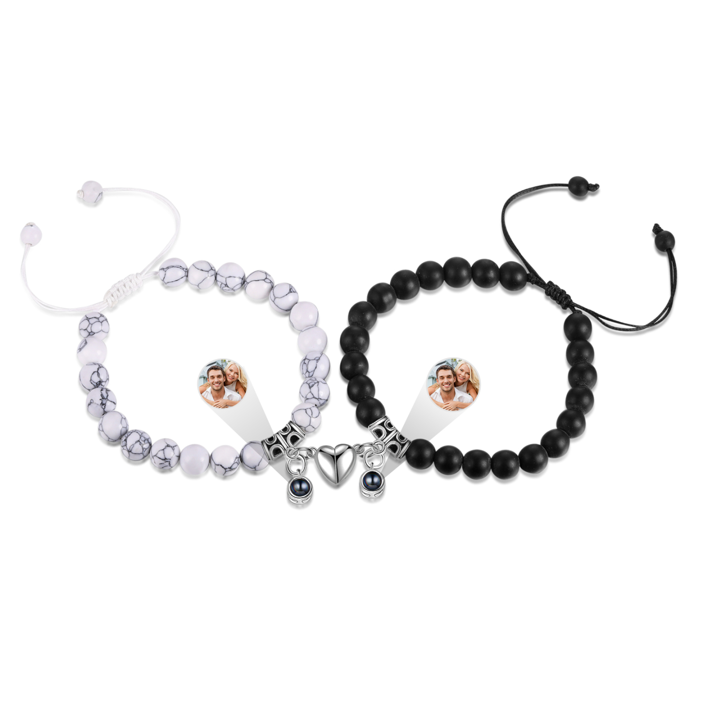 Personalised Projection Bead Bracelet with 1 Photo Adjustable Available in Black Brown or White Gift for Couple