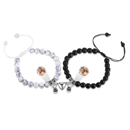 Personalised Projection Bead Bracelet with 1 Photo Adjustable Available in Black Brown or White Gift for Couple