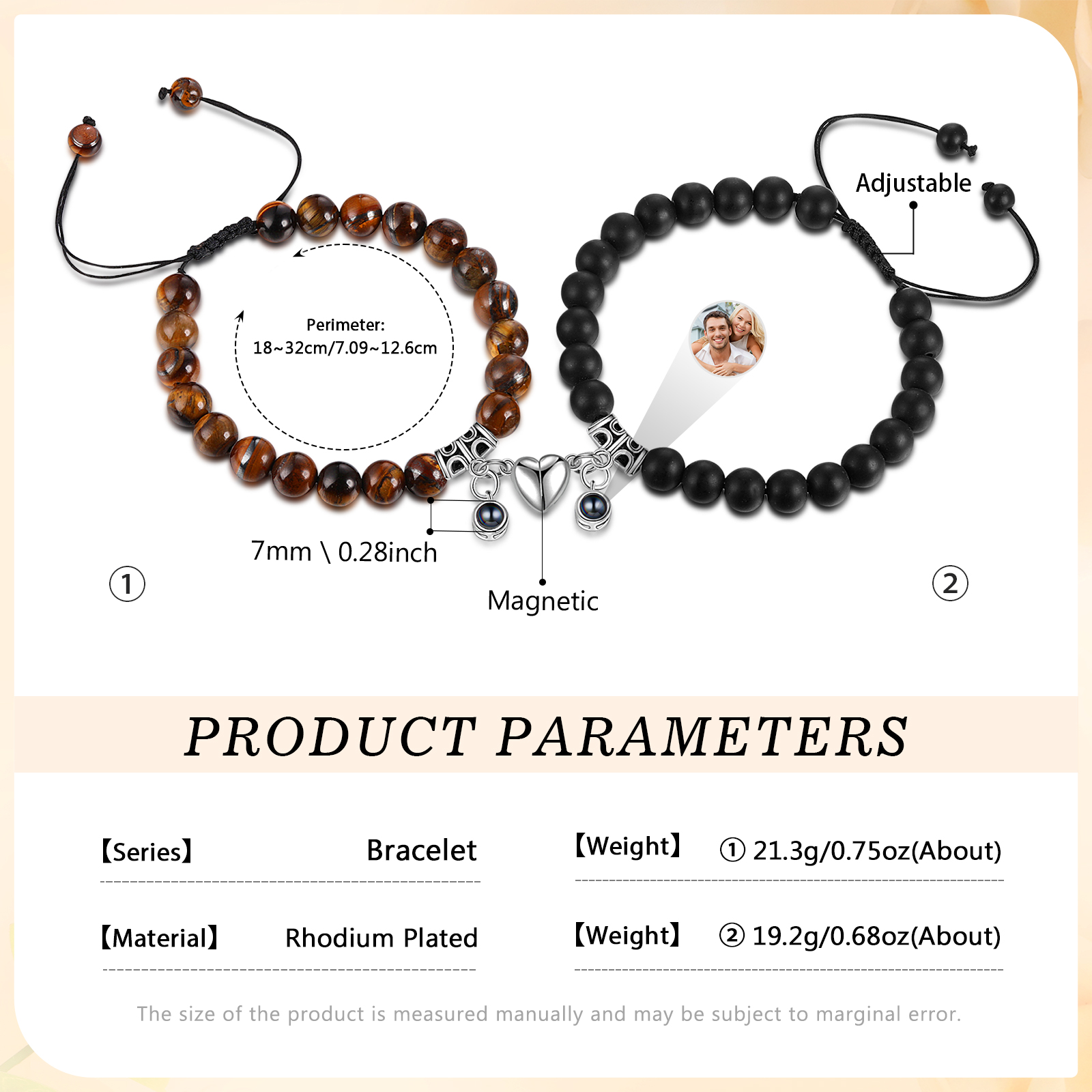 Personalised Projection Bead Bracelet with 1 Photo Adjustable Available in Black Brown or White Gift for Couple