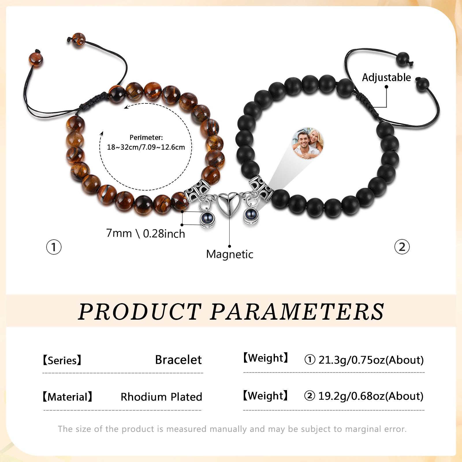 Personalised Projection Bead Bracelet with 1 Photo Adjustable Available in Black Brown or White Gift for Couple