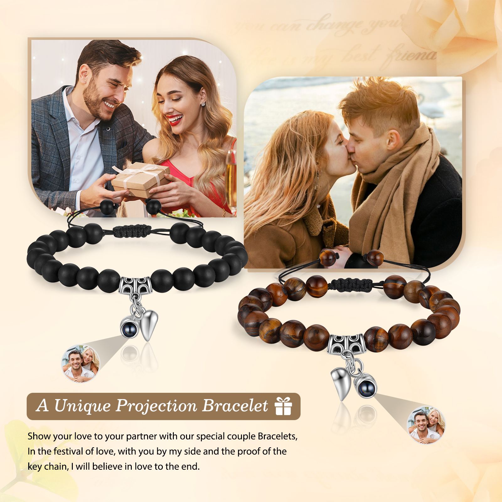 Personalised Projection Bead Bracelet with 1 Photo Adjustable Available in Black Brown or White Gift for Couple