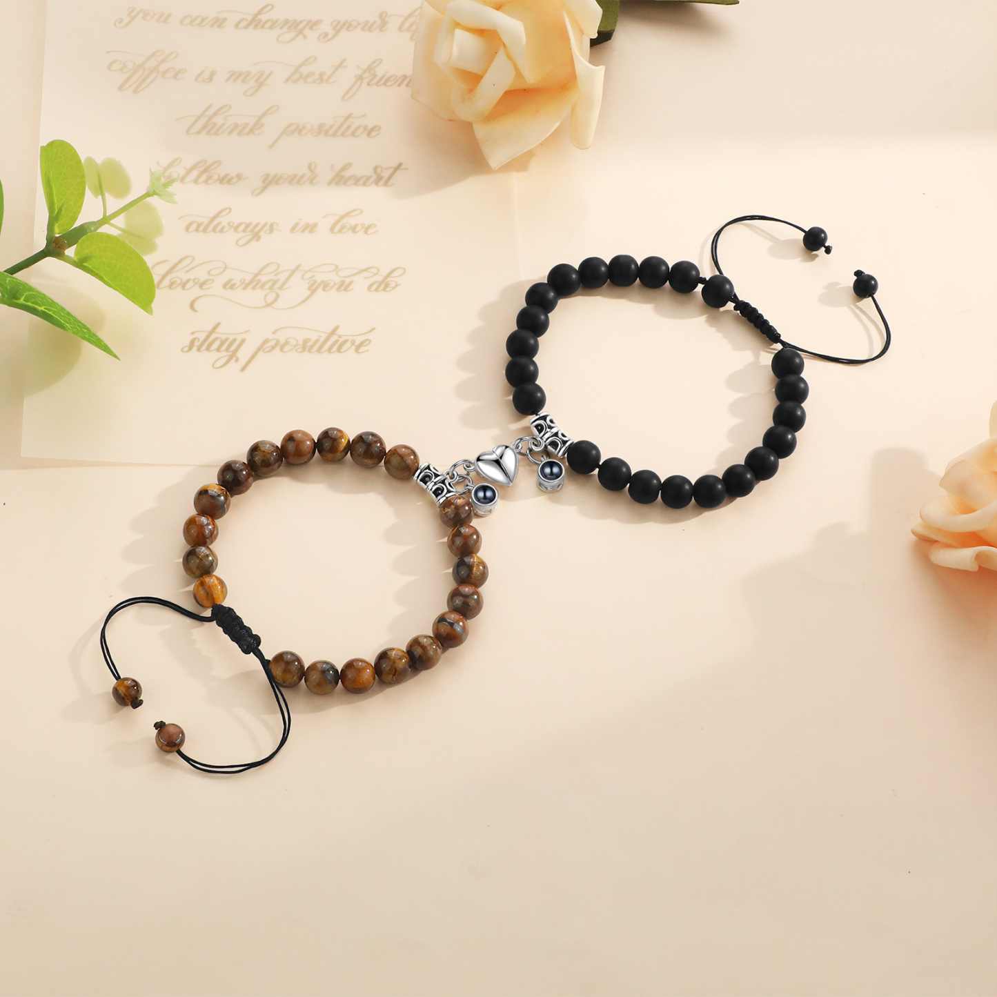 Personalised Projection Bead Bracelet with 1 Photo Adjustable Available in Black Brown or White Gift for Couple