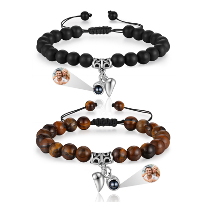 Personalised Projection Bead Bracelet with 1 Photo Adjustable Available in Black Brown or White Gift for Couple