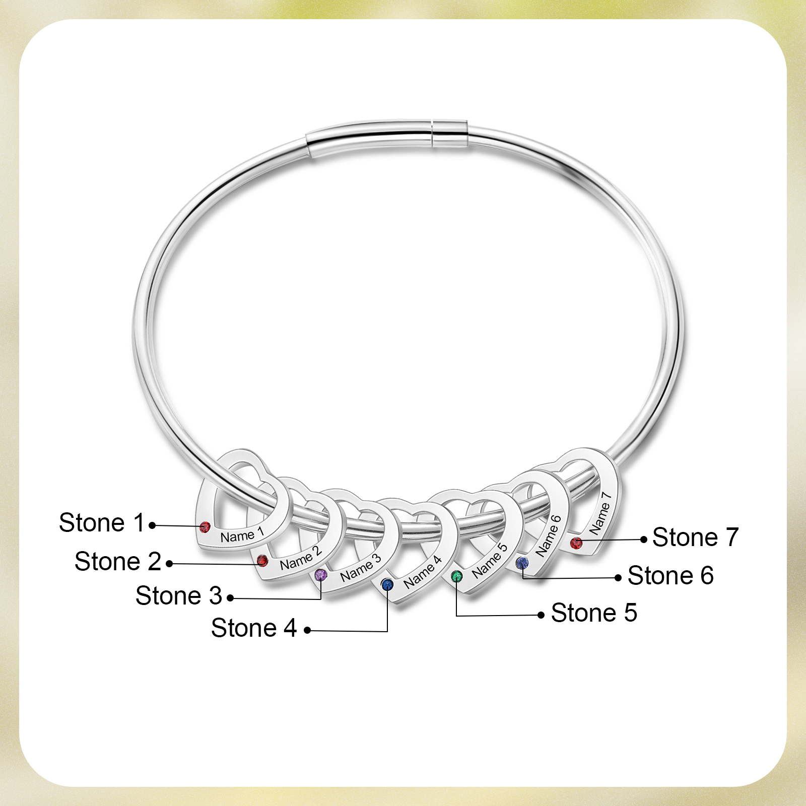 Personalised Heart Bracelet With 7 Birthstones Engraved 7 Names Bracelet Gift For Women-Jessemade AU