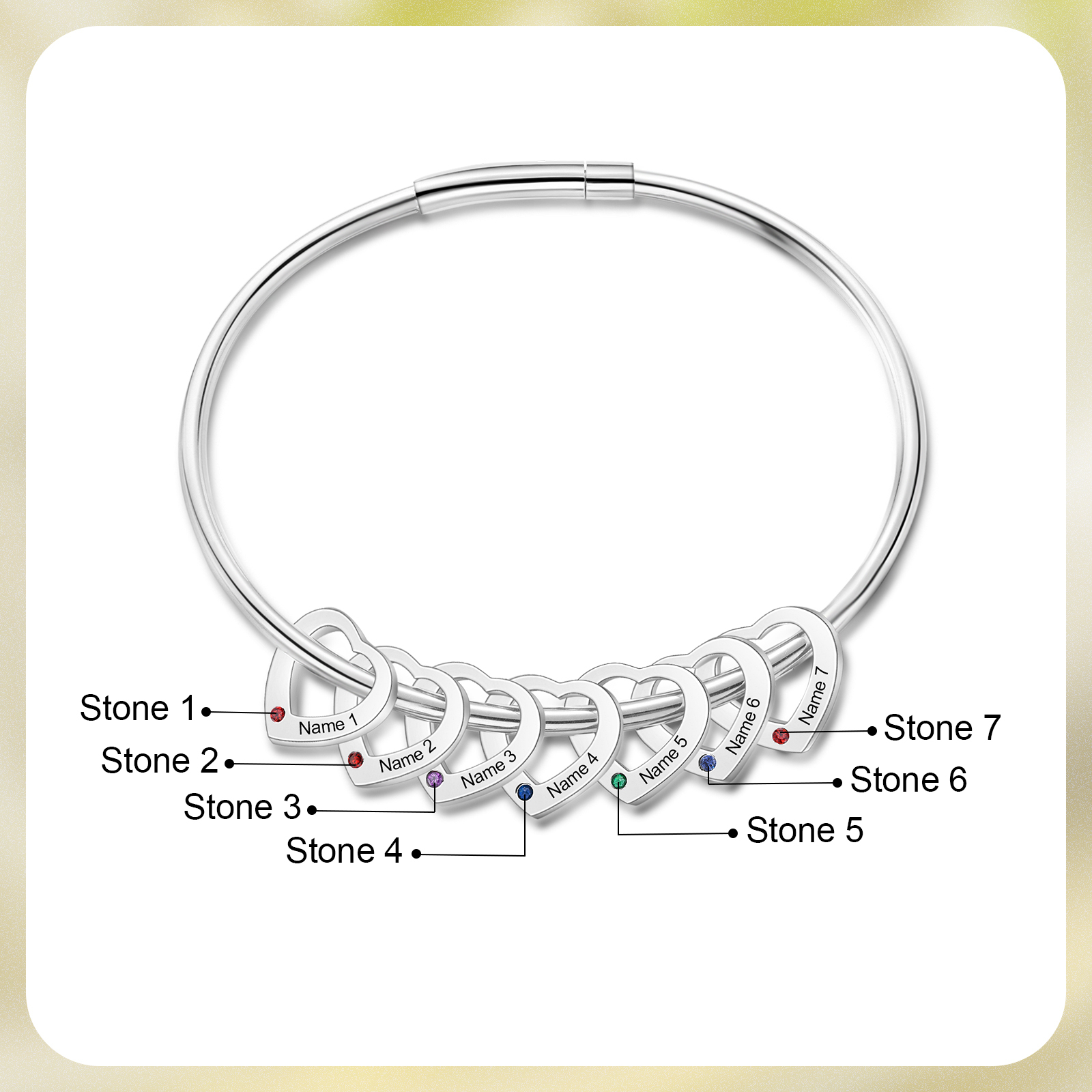 Personalised Heart Bracelet With 7 Birthstones Engraved 7 Names Bracelet Gift For Women-Jessemade AU