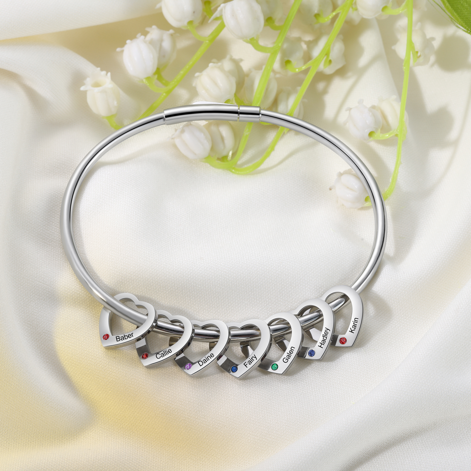 Personalised Heart Bracelet With 7 Birthstones Engraved 7 Names Bracelet Gift For Women-Jessemade AU
