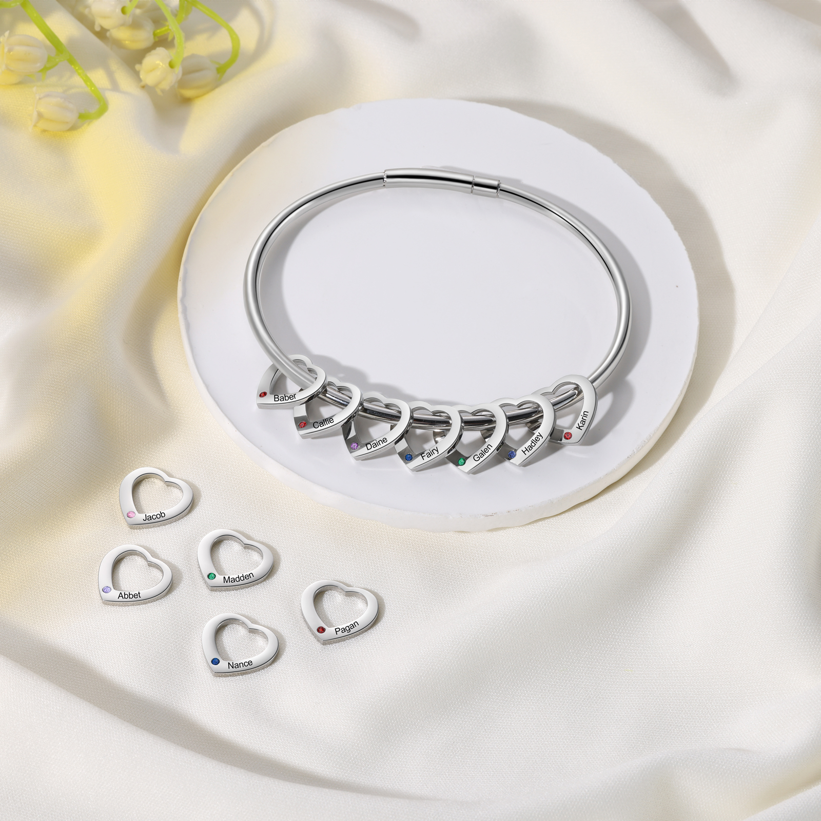 Personalised Heart Bracelet With 8 Birthstones Engraved 8 Names Bracelet Gift For Women-Jessemade AU