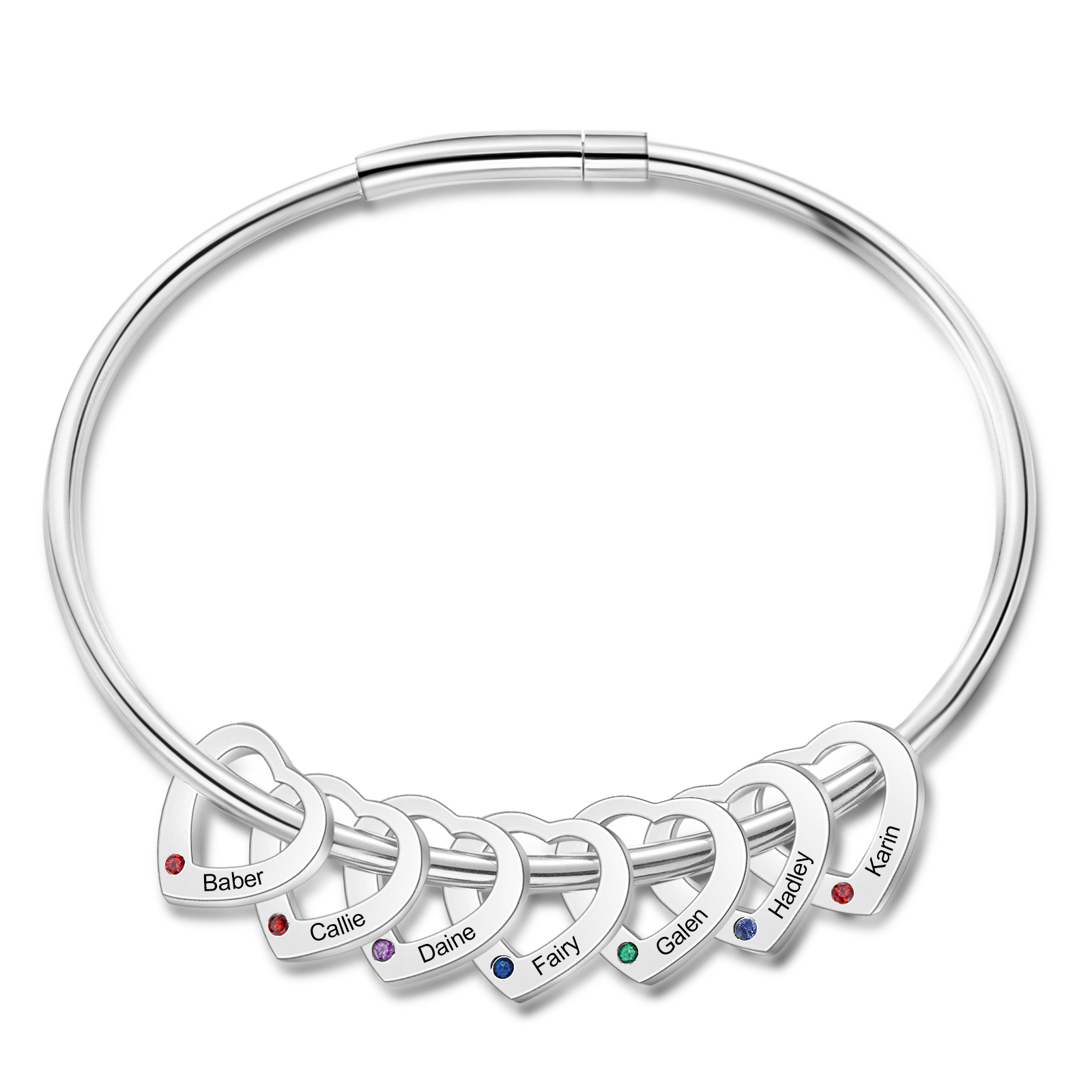 Personalised Heart Bracelet With 7 Birthstones Engraved 7 Names Bracelet Gift For Women