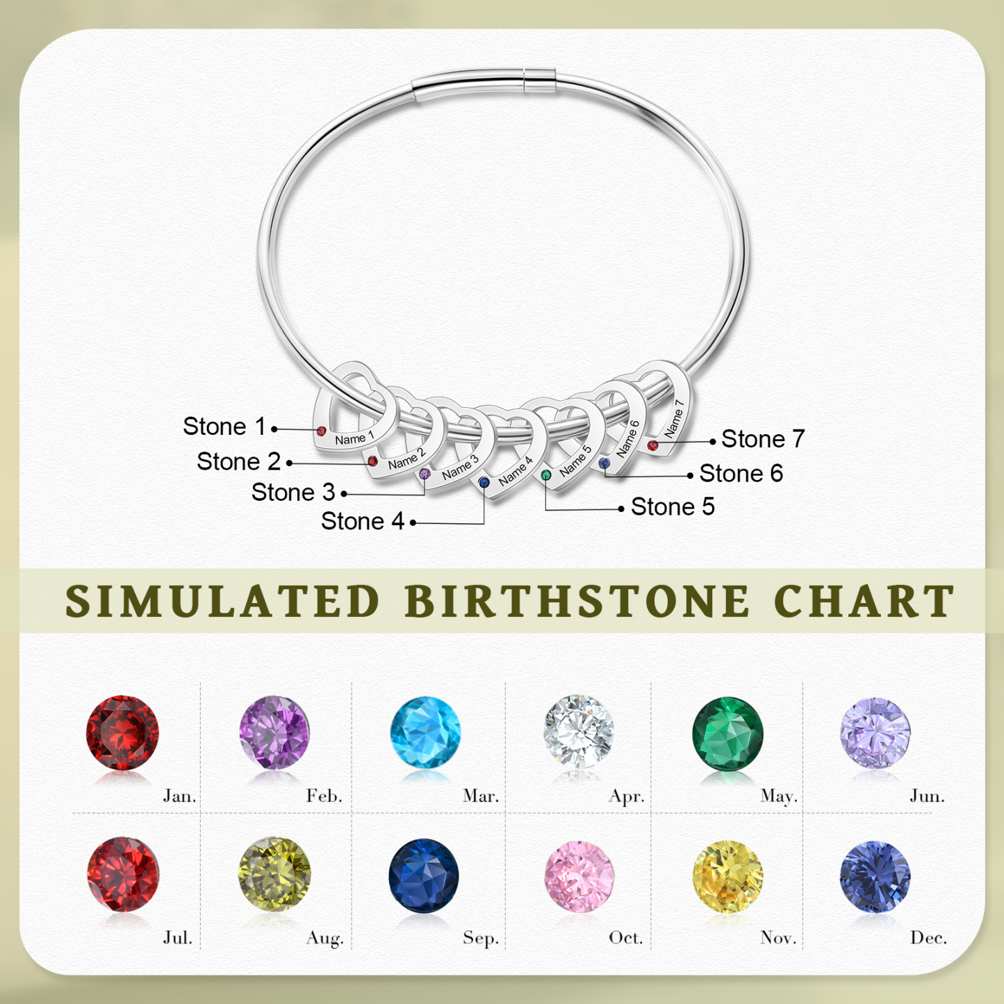 Personalised Heart Bracelet With 7 Birthstones Engraved 7 Names Bracelet Gift For Women-Jessemade AU
