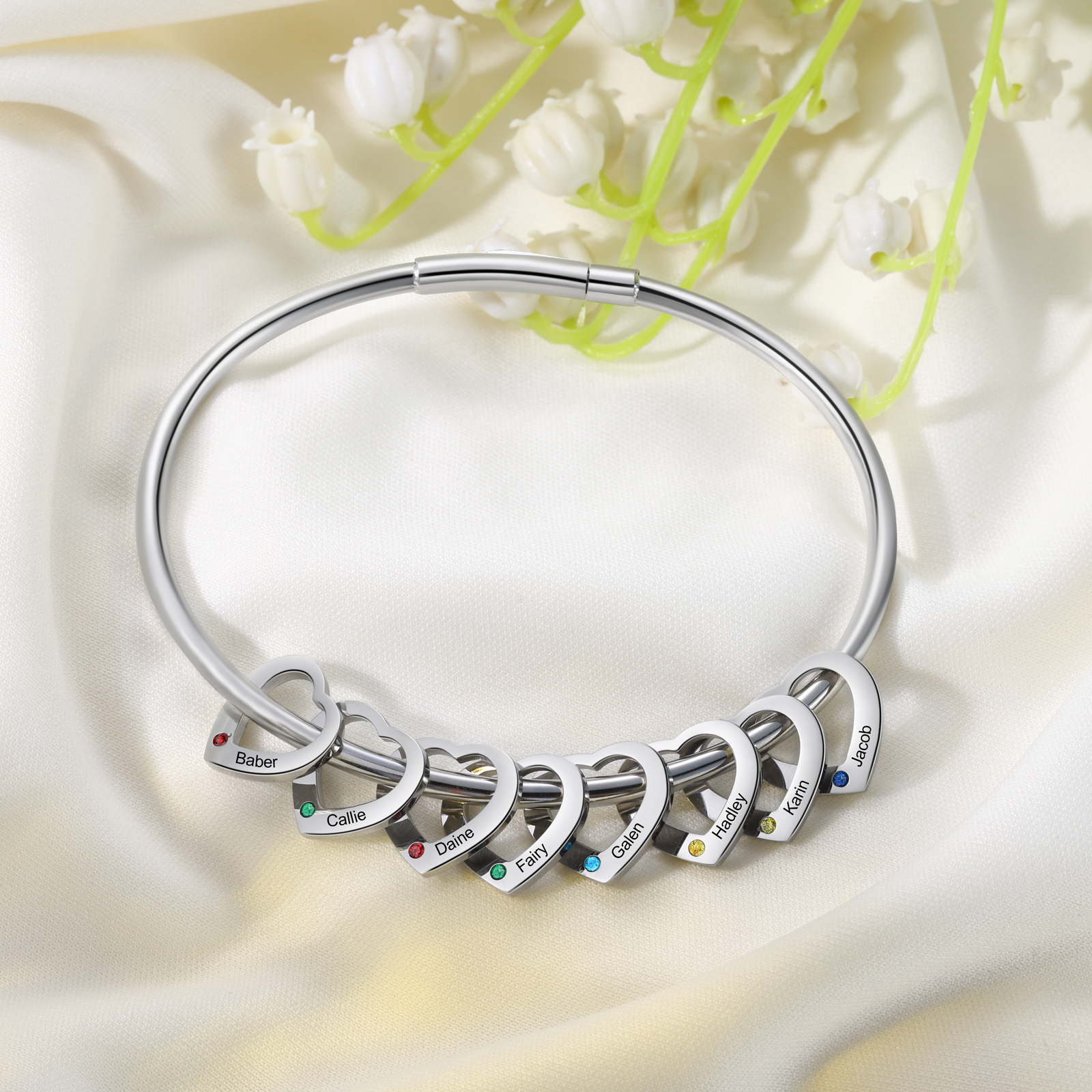 Personalised Heart Bracelet With 8 Birthstones Engraved 8 Names Bracelet Gift For Women-Jessemade AU
