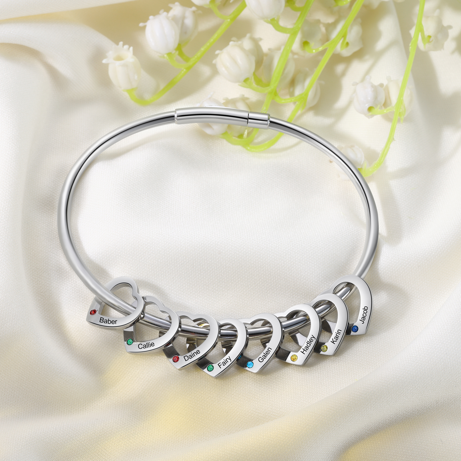 Personalised Heart Bracelet With 8 Birthstones Engraved 8 Names Bracelet Gift For Women-Jessemade AU