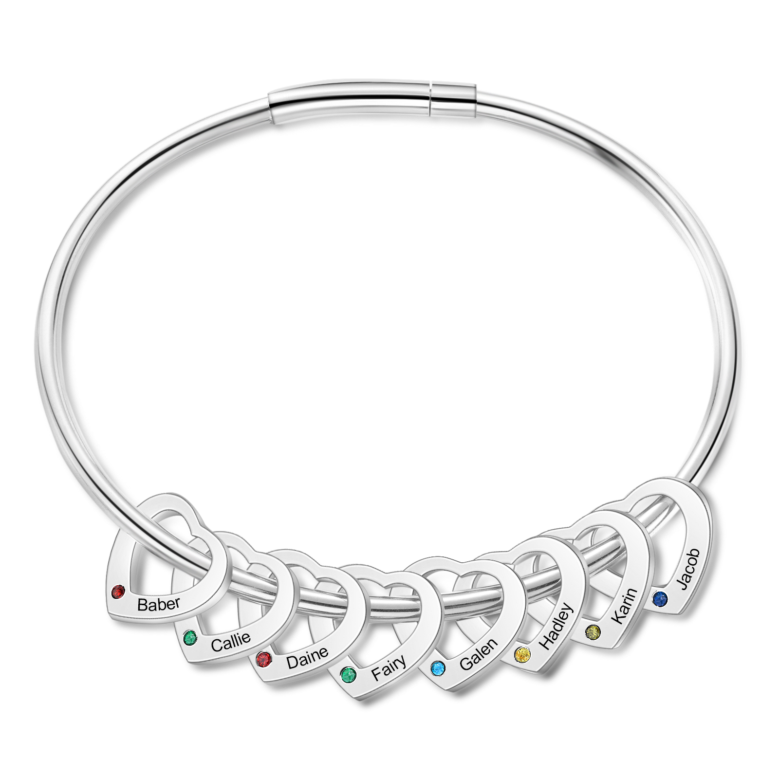 Personalised Heart Bracelet With 8 Birthstones Engraved 8 Names Bracelet Gift For Women