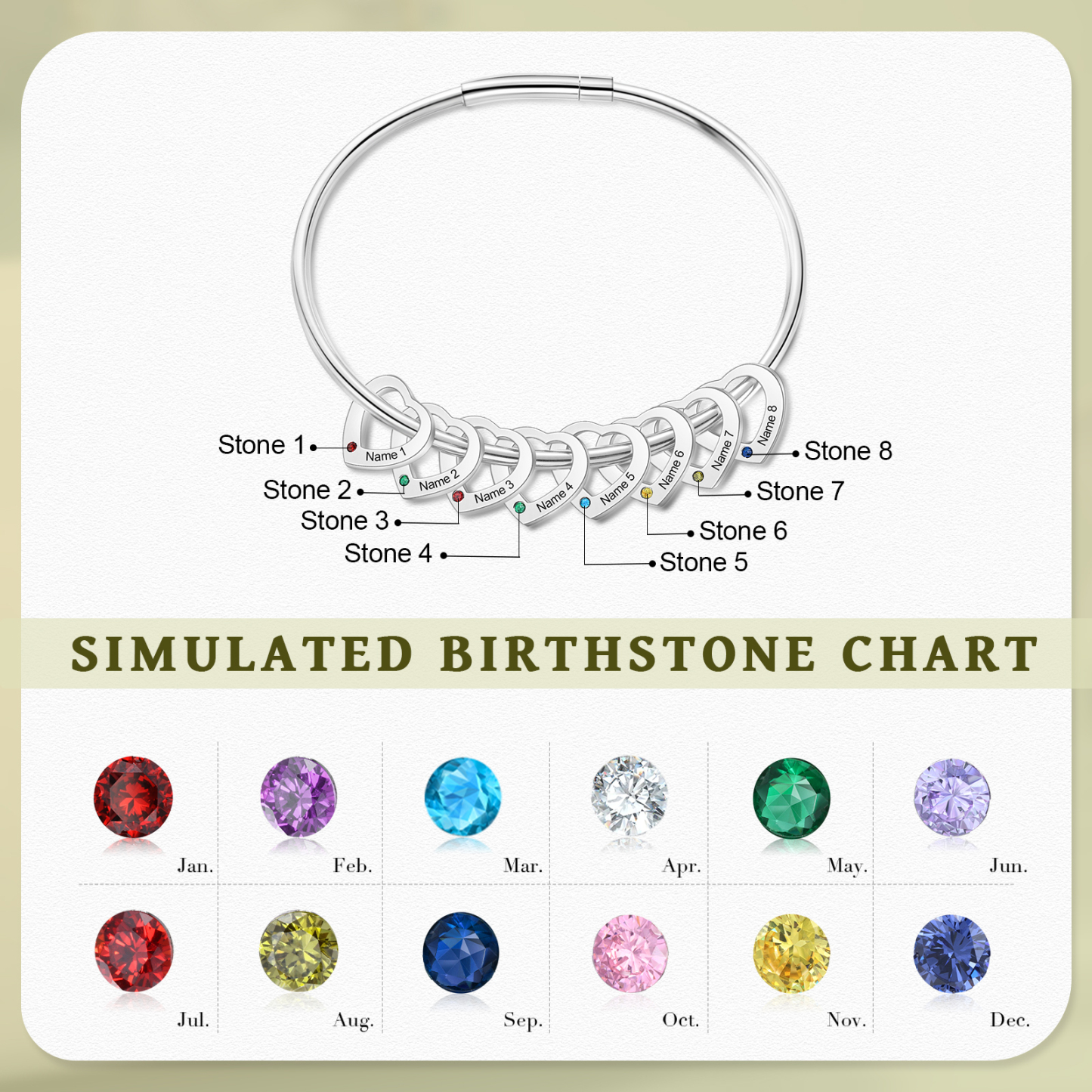 Personalised Heart Bracelet With 8 Birthstones Engraved 8 Names Bracelet Gift For Women-Jessemade AU