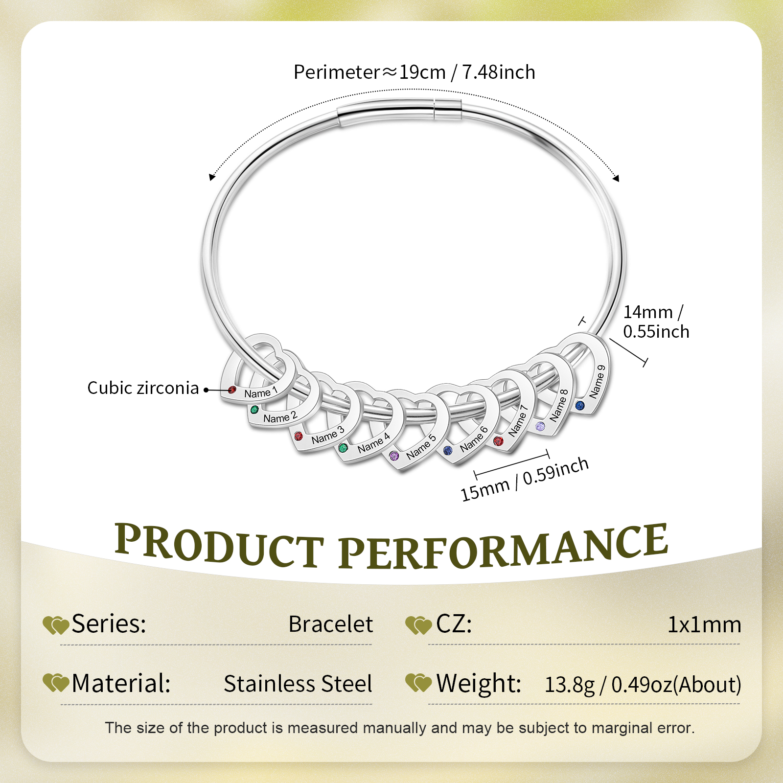 Personalised Heart Bracelet With 9 Birthstones Engraved 9 Names Bracelet Gift For Women-Jessemade AU