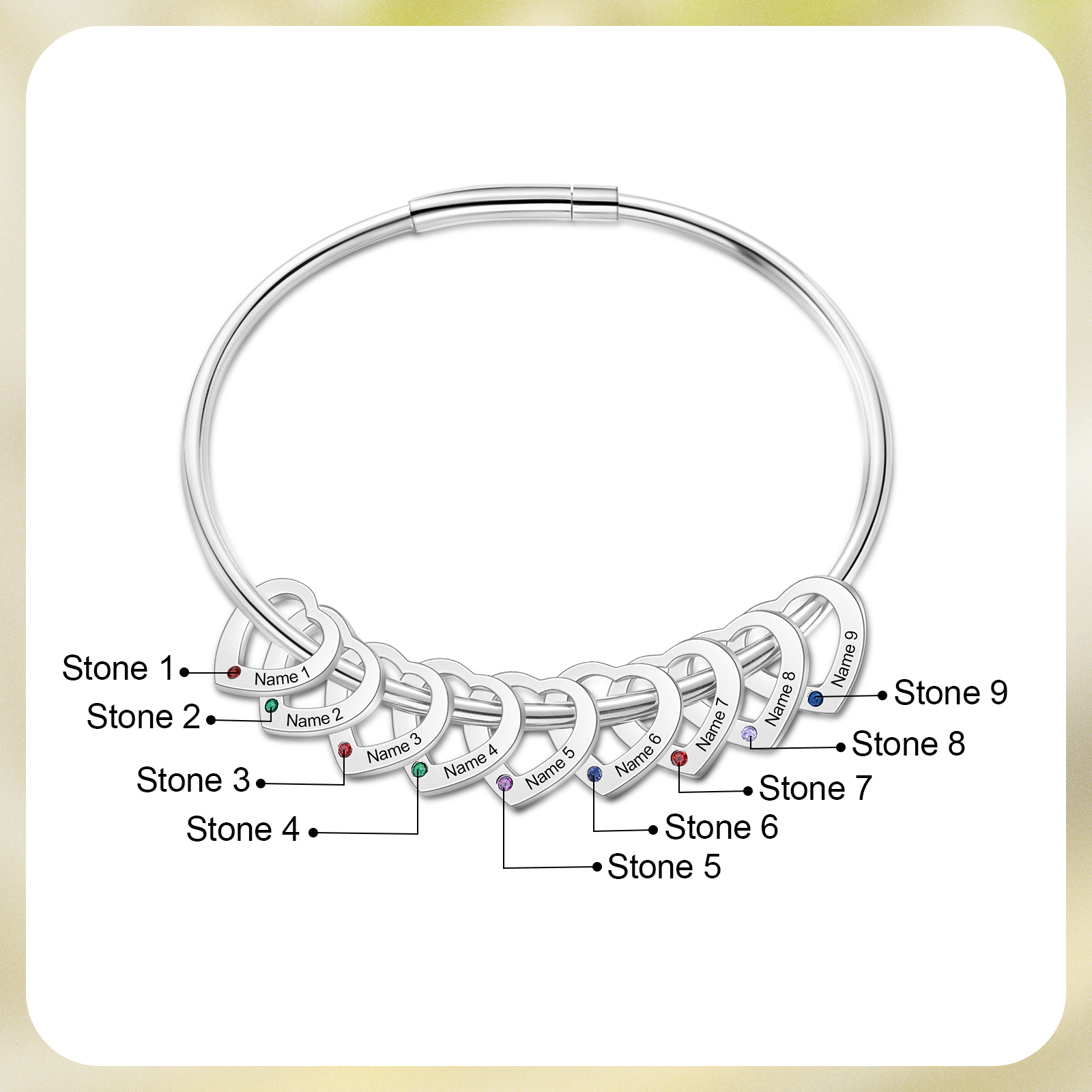Personalised Heart Bracelet With 9 Birthstones Engraved 9 Names Bracelet Gift For Women-Jessemade AU