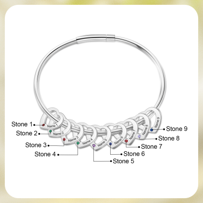 Personalised Heart Bracelet With 9 Birthstones Engraved 9 Names Bracelet Gift For Women-Jessemade AU