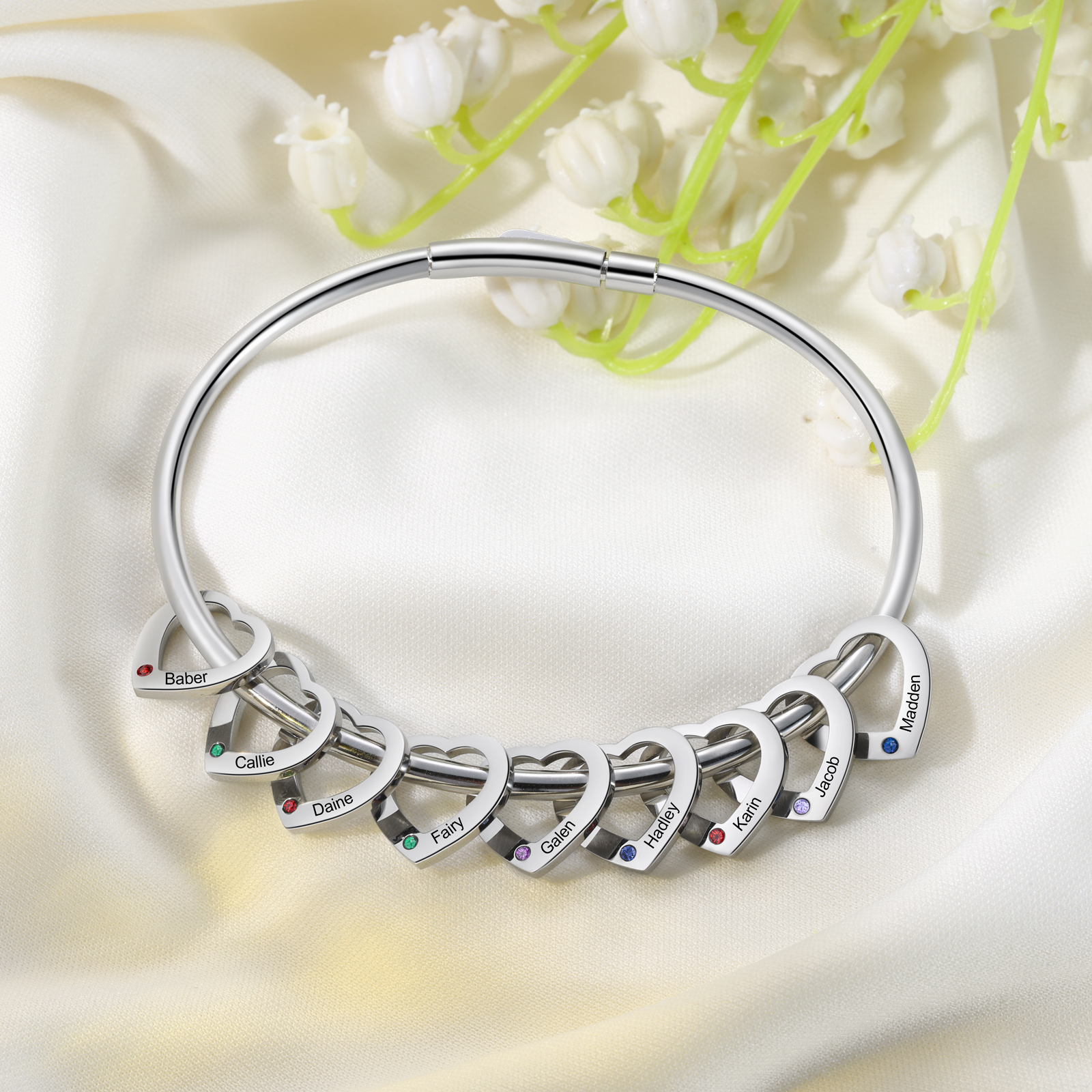 Personalised Heart Bracelet With 9 Birthstones Engraved 9 Names Bracelet Gift For Women-Jessemade AU