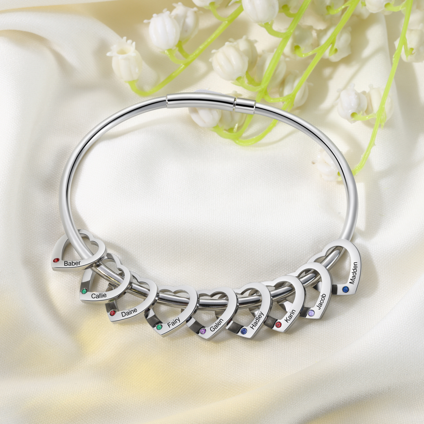 Personalised Heart Bracelet With 9 Birthstones Engraved 9 Names Bracelet Gift For Women-Jessemade AU