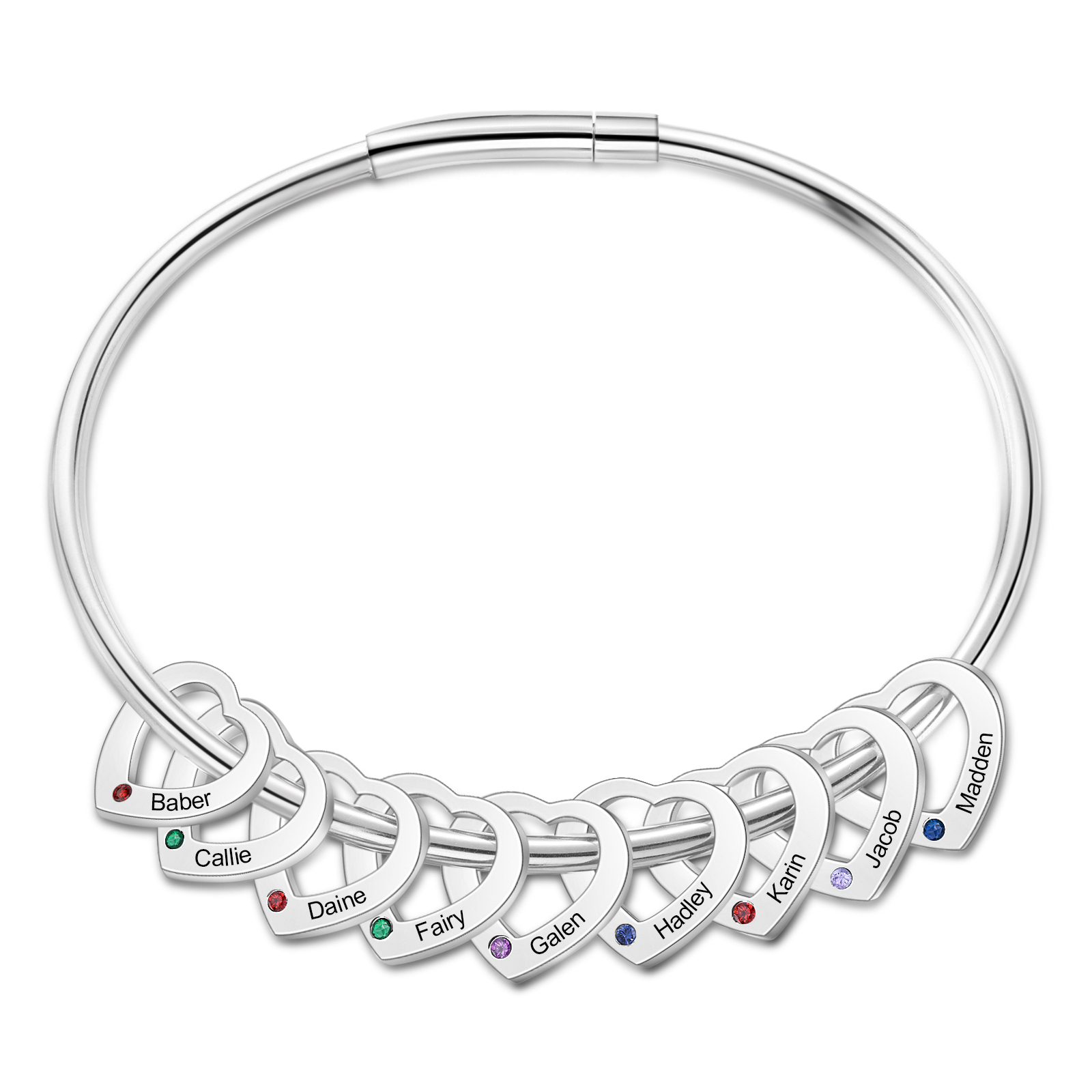 Personalised Heart Bracelet With 9 Birthstones Engraved 9 Names Bracelet Gift For Women