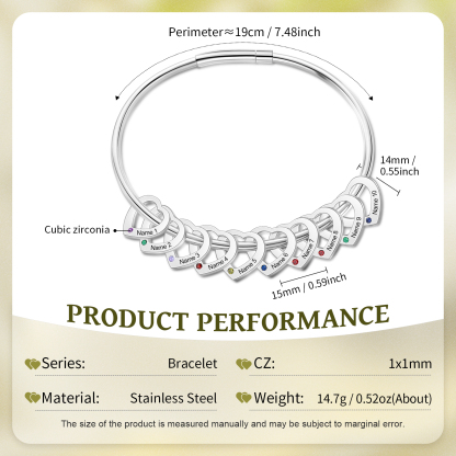 Personalised Heart Bracelet With 10 Birthstones Engraved 10 Names Bracelet Gift For Women-Jessemade AU