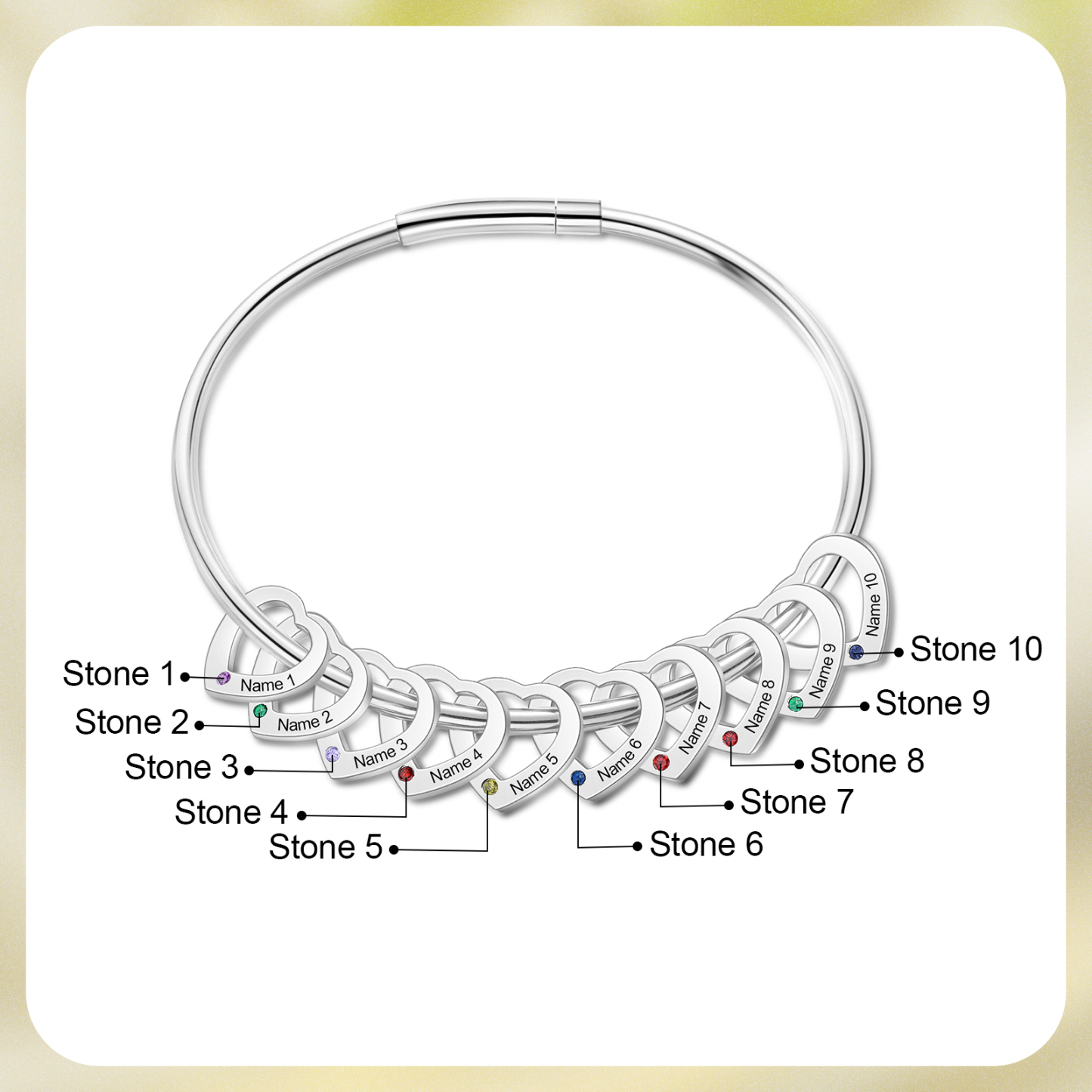 Personalised Heart Bracelet With 10 Birthstones Engraved 10 Names Bracelet Gift For Women-Jessemade AU